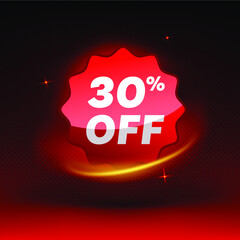 Shiny 30% off discount promotion badge, clearance sale sticker emblem, bargain red sign rosette design on red background. Sale tag vector for labels, stickers, banners or web stickers