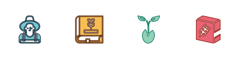 Set Farmer in the hat, Book about seeds, Sprout and Flour pack icon. Vector