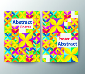 A bright geometric poster. A grid with colored geometric shapes of leaves. A modern abstract set of vector illustrations for advertising leaflets. Geometric template poster, brochure neo template