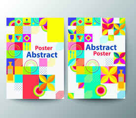 Colorful geometric poster. A grid with colored geometric shapes of leaves, glasses, plates and bottles. A modern abstract set of vector illustrations for advertising leaflets. Geometric template poste