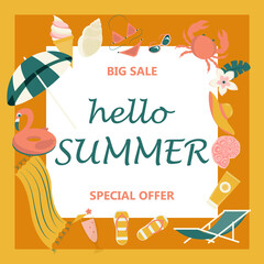 Promo web banner template for summer sale.
 lettering and cute cartoon elements. Vector illustration

