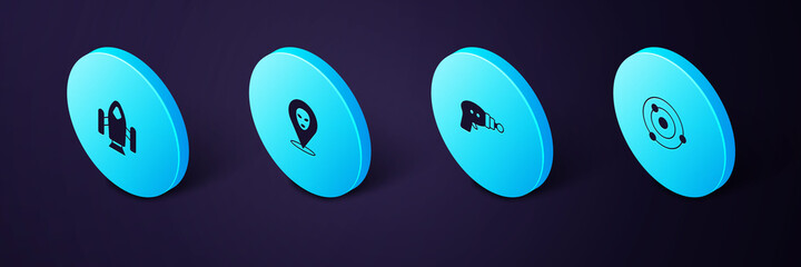 Set Isometric Solar system, Ray gun, Alien and Rocket ship icon. Vector