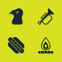 Set Eagle head, Campfire, Hotdog sandwich and Trumpet icon. Vector