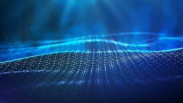 Blue wave technology business background. Abstract blue colour wave from animation in blue color with smoke. Seamless loop 4k. Big data visualisation.