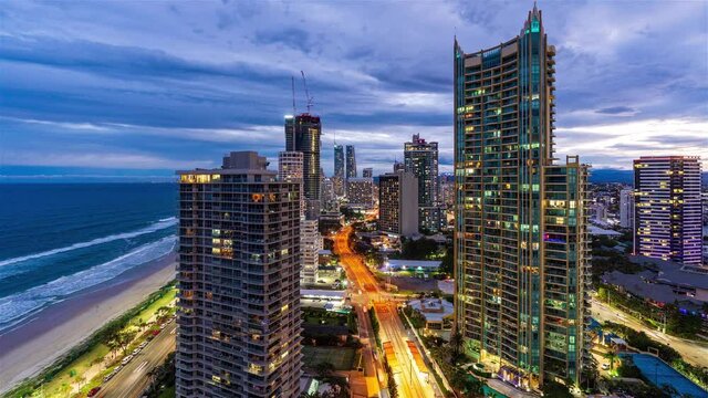 Surfers Paradise City Skyline at Sunset - A day to night Timelapse