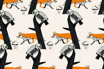 seamless pattern with owl and fox