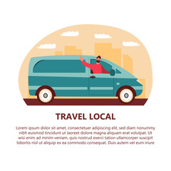 Happy man drives a car. Active holidays or Domestic tourism concept. Time to travel, сartoon vector illustration  

