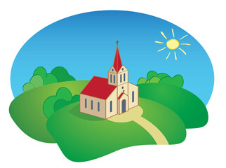 Obraz na płótnie Canvas catholic church on green hill - vector illustration