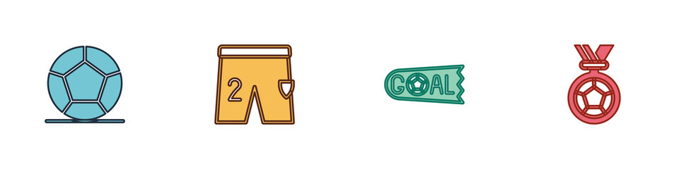 Set Soccer football ball, Shorts for playing, Goal soccer and Football medal icon. Vector