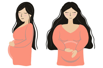 Isolated vector illustration pregnant woman with red dress and black hair