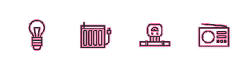 Set line Light bulb, Smart sensor, Heating radiator and Radio icon. Vector