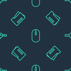 Set line Computer mouse, Printer and Wrist watch on seamless pattern. Vector