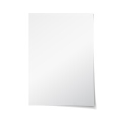 Realistic empty paper note template of A4 format with soft corner shadows isolated on white background. Vector illustration of a blank white sheet of paper.