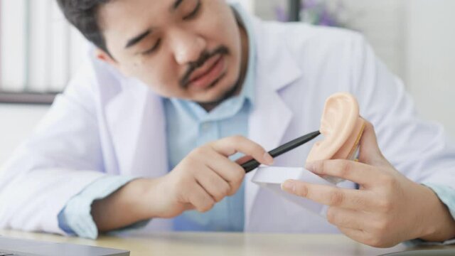 slow motion scene candid view of  professional otolaryngologist explain and diagnose on human ear anatomy about eardrum symptom for treatment and heal concept