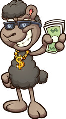Black sheep wearing a dollar sign golden pendant cartoon and holding paper bills. Vector clip art illustration with simple gradients. All on a single layer
