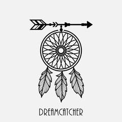 Dream catcher with arrow and feathers hand drawn