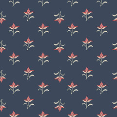 Pink little tulip flowers silhouettes seamless doodle pattern. Navy blue pale background. Botany backdrop.