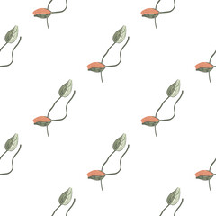 Hand drawn seamless pattern with isolated poppy bud ornament. Flowers backdrop with white background.