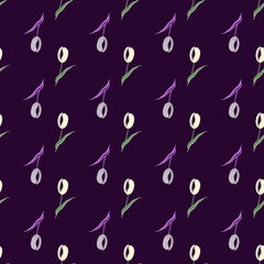 Floral dark seamless pattern with decorative tulip flowers silhouettes. Purple background. Simple style.