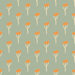 Orange small seamless pattern with orange little yarrow ornament. Pale blue background. Simple style.