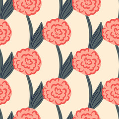 Abstract seamless pattern with pink roses ornament. Light background. Romantic bloom vintage print.
