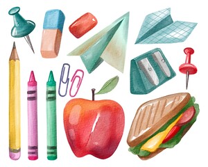 Hand drawing watercolor school days education equipment set. pencil, wax crayons, paper clips, apple, sandwich, sharpener, paper airplane, eraser. Use for poster, print, card, print, flyers, desig