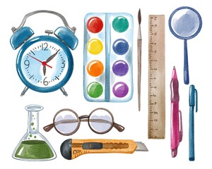 Hand drawing watercolor school days education equipment set. alarm clock, paints, brush, ruler, pen, glasses, flask, stationery knife. Use for poster, print, card, print, flyers, design, banner