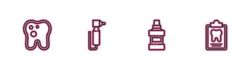 Set line Tooth with caries, Mouthwash bottle, drill and Dental card icon. Vector