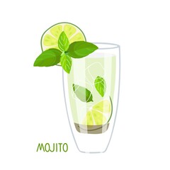 Mojito. Mixed drink. Bright cocktail in glass. Classic Mojito cocktail. Exotic tropical beach bar. Flat cartoon vector icon on white background. Light liquid, lime, mint in clear glass