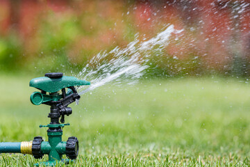 Lawn sprinkler watering grass in yard. Water usage, restrictions and lawncare concept - obrazy, fototapety, plakaty