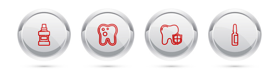 Set line Mouthwash bottle, Tooth with caries, Dental protection and Painkiller tablet. Silver circle button. Vector