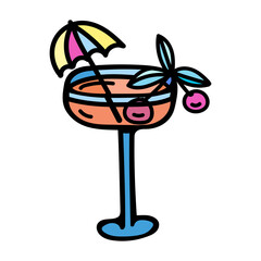Color vector illustration of a blue glass of cocktail, color umbrella and pink cherry. Icon for bar and club, logo, website, party, cafe menu, bar menu, logo for restaurant design.
