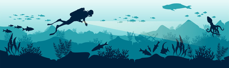 Silhouette of a scuba diver in the underwater world. The diver explores the depths of the ocean. Stock vector illustration. EPS 10. Illustration for underwater tourism.
