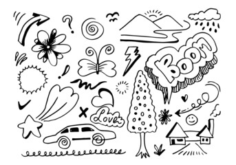 set of doodle design elements isolated on a white background for design concepts like flowers, mountains, car arrows and others.