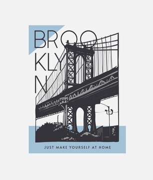 Brooklyn slogan with bridge silhouette vector illustration