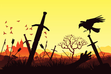 Silhouette of the battle for the castle. Silhouette of the battlefield. Background of swords stuck into the ground. Ravens fly over corpses. Detailed wallpaper. Stock vector illustration. EPS 10.
