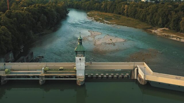 Dam on the Leсh River. Germany Augsburg.