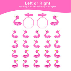 Obraz premium Left or Right Game for Preschool Children. Educational printable math worksheet. Additional math for kids. Vector illustration in cartoon style. 