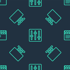 Set line Sound mixer controller, Cinema auditorium with seats and Movie clapper on seamless pattern. Vector