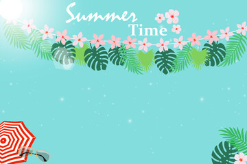 Fototapeta na wymiar Summer time background poster with leaf and tropical flowers cartoon vector illustration
