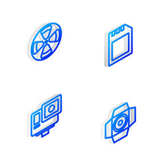 Set Isometric line SD card, Film reel, Action extreme camera and Movie spotlight icon. Vector