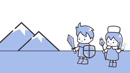 シンプルな線の勇者とヒーラーのイラスト_ゲーム_RPG_16:9