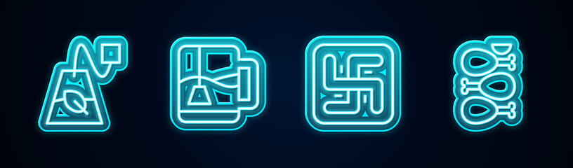 Set line Tea bag, Cup of tea with tea, Hindu swastika and Tandoori chicken. Glowing neon icon. Vector