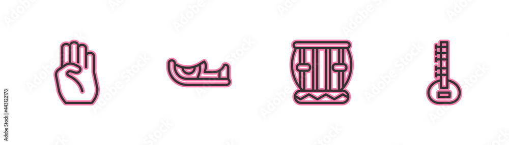 Wall mural Set line Indian symbol hand, Instrument tabla, shoes and Sitar icon. Vector