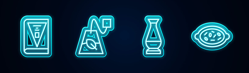 Set line India constitution day, Tea bag, Indian vase and Kheer in bowl. Glowing neon icon. Vector