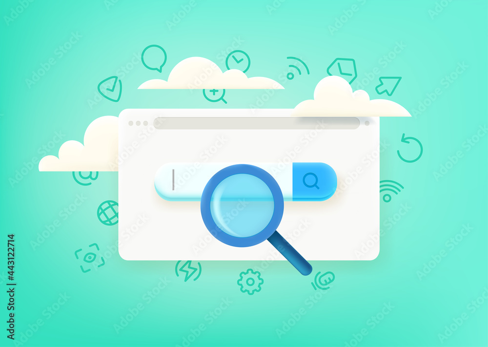 Poster search in internet. concept with cute 3d style and doodle vector elements