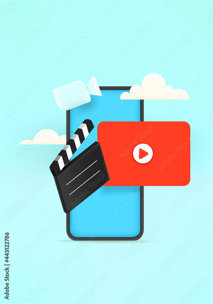 Poster watching video via smartphone app. 3d style vector illustration