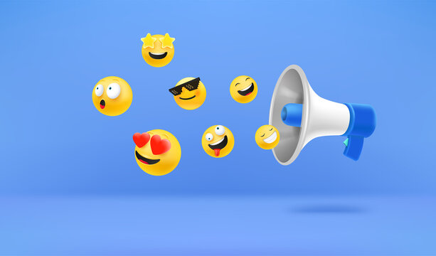 Megaphone with emojis. Social media reactions concept