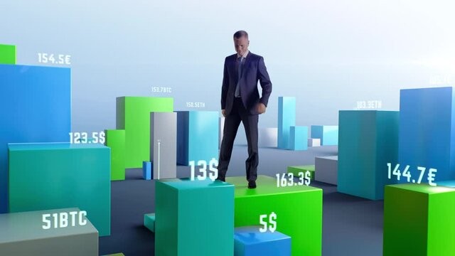 Middle aged businessman walking amidst rising and falling graphs