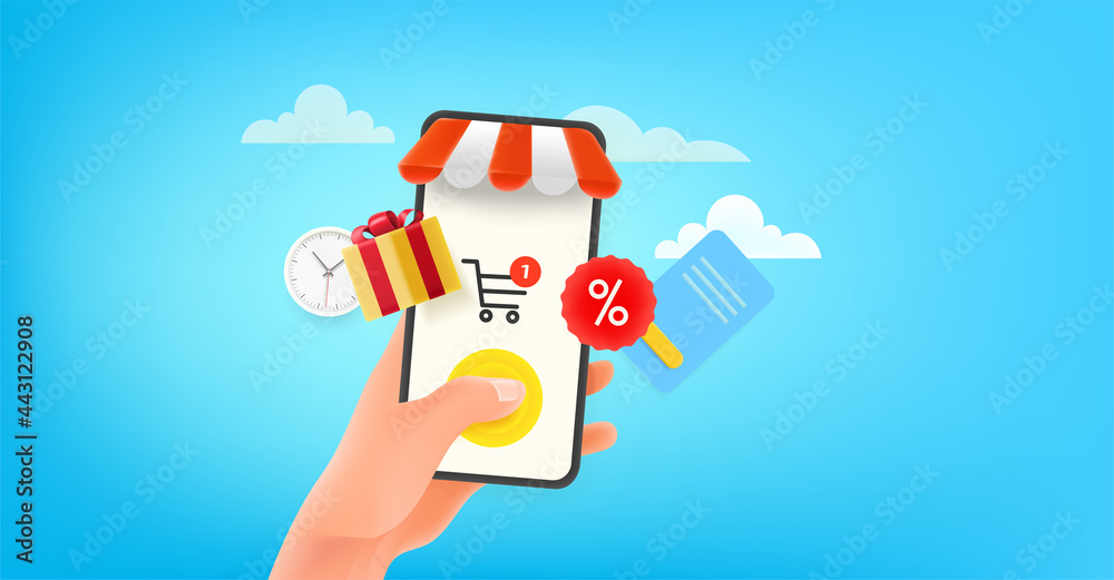 Poster Man using online shop via modern smartphone. Horizontal banner